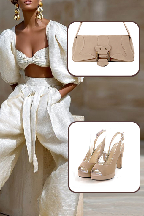 Women's tan beige elegant peep-toe slingback heels. Round toe. High slim heel with a platform at the front - Top view
